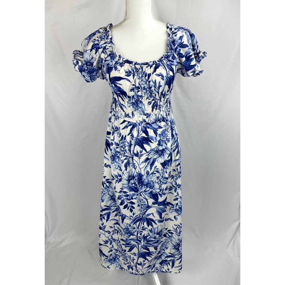 H&M Dress Medium Blue White Floral Long Puff Short Sleeve Milkmaid Cottagecore